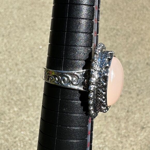 NEW Oval Peach Pink Cream Rose Quartz Vintage-inspired Silver Art Deco Ring Sz 9 - Picture 6 of 13